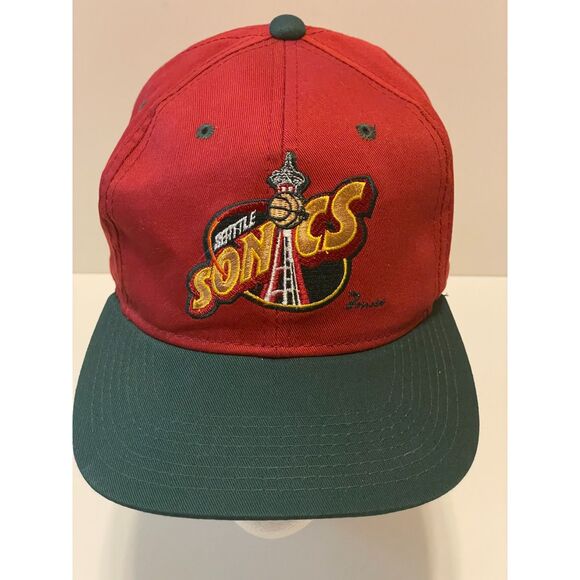 Vtg Sports Specialties Seattle Supersonics Sonics Snap Back Hat Red Green EUC - Picture 1 of 8